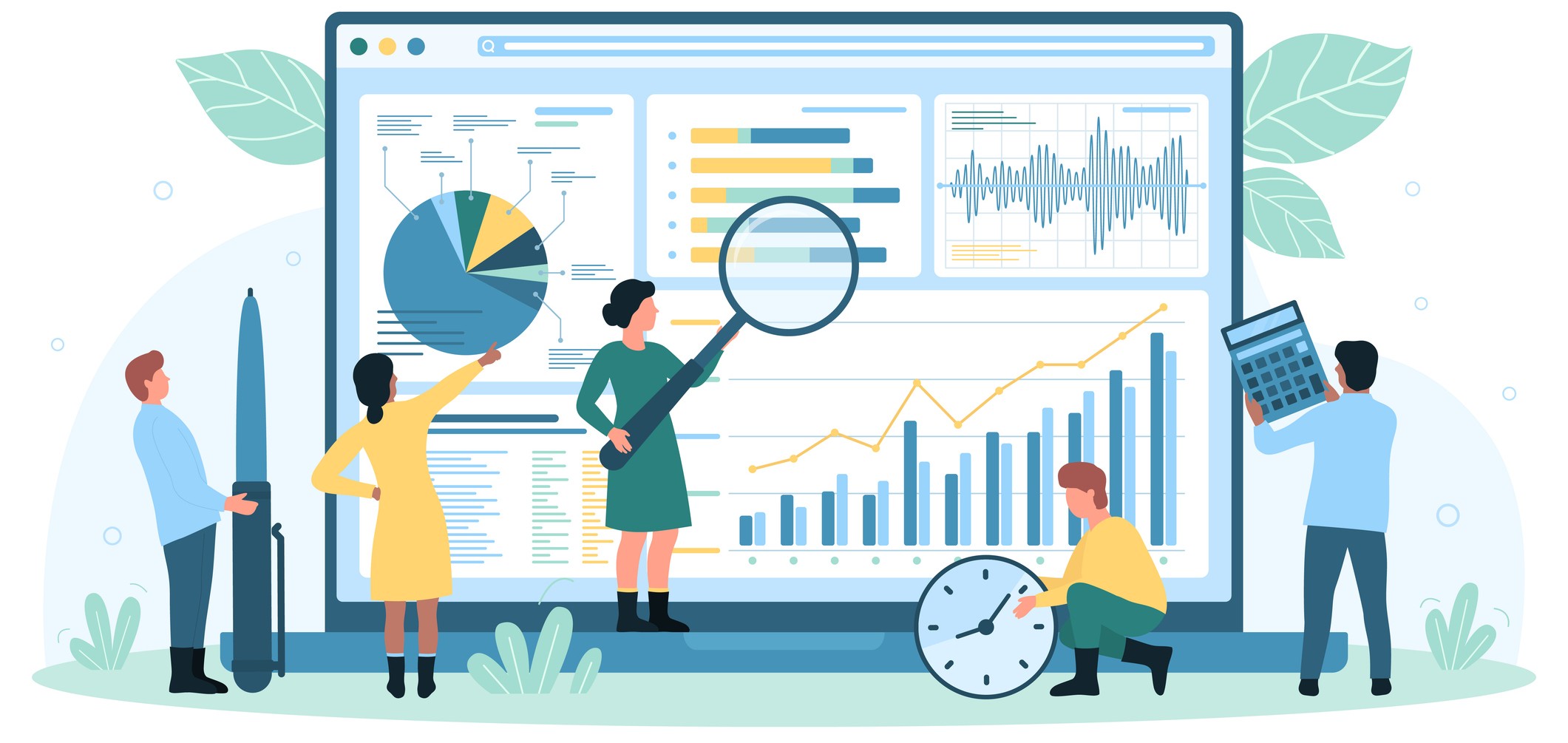 Illustrasjon av små mennesker som undersøker grafer med forstørrelsesglass
