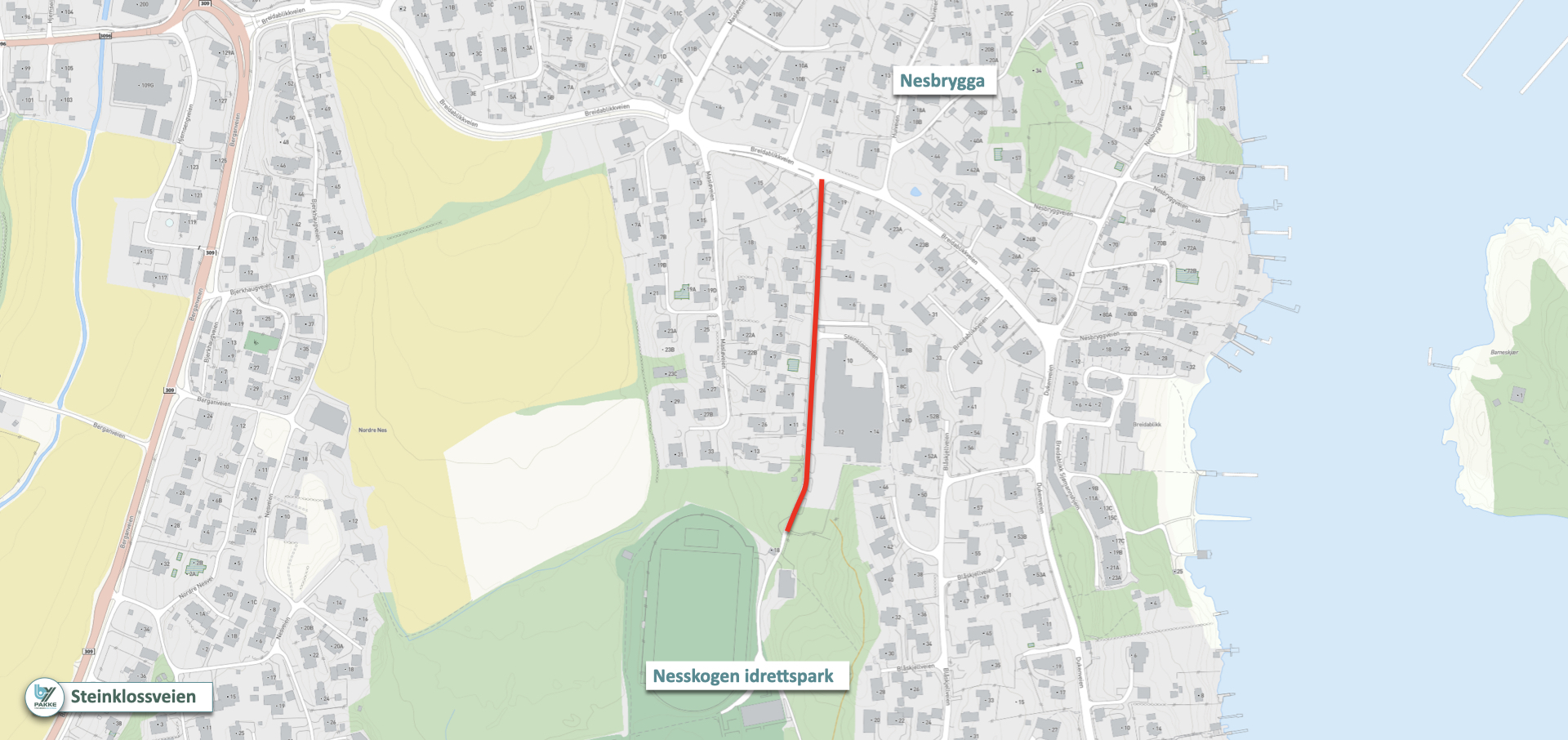 Kart med rød strek som viser hvor det skal oppgraderes for gående og syklende.