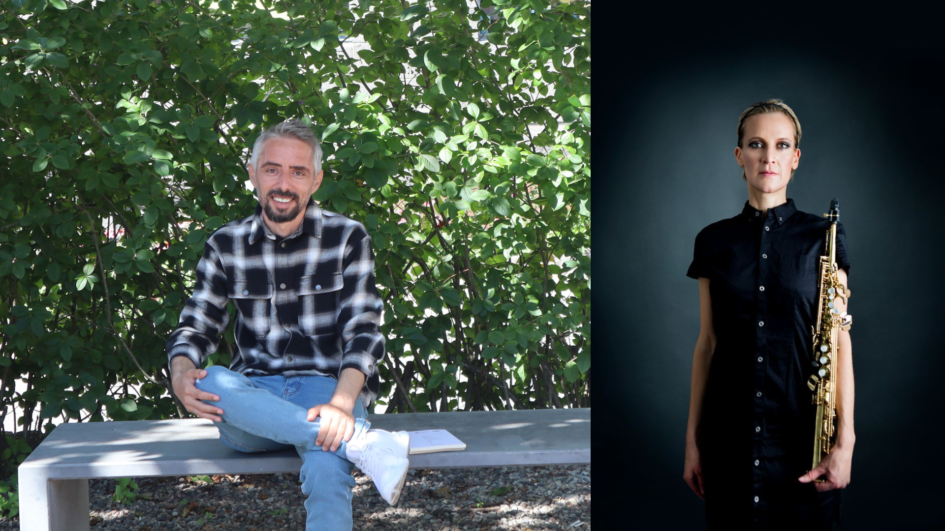To bilder av aktørene; Hussein Al-Dahir sitter på en krakk foran grønne busker, Frøy Aagre står med saksofonen i venstre arm.