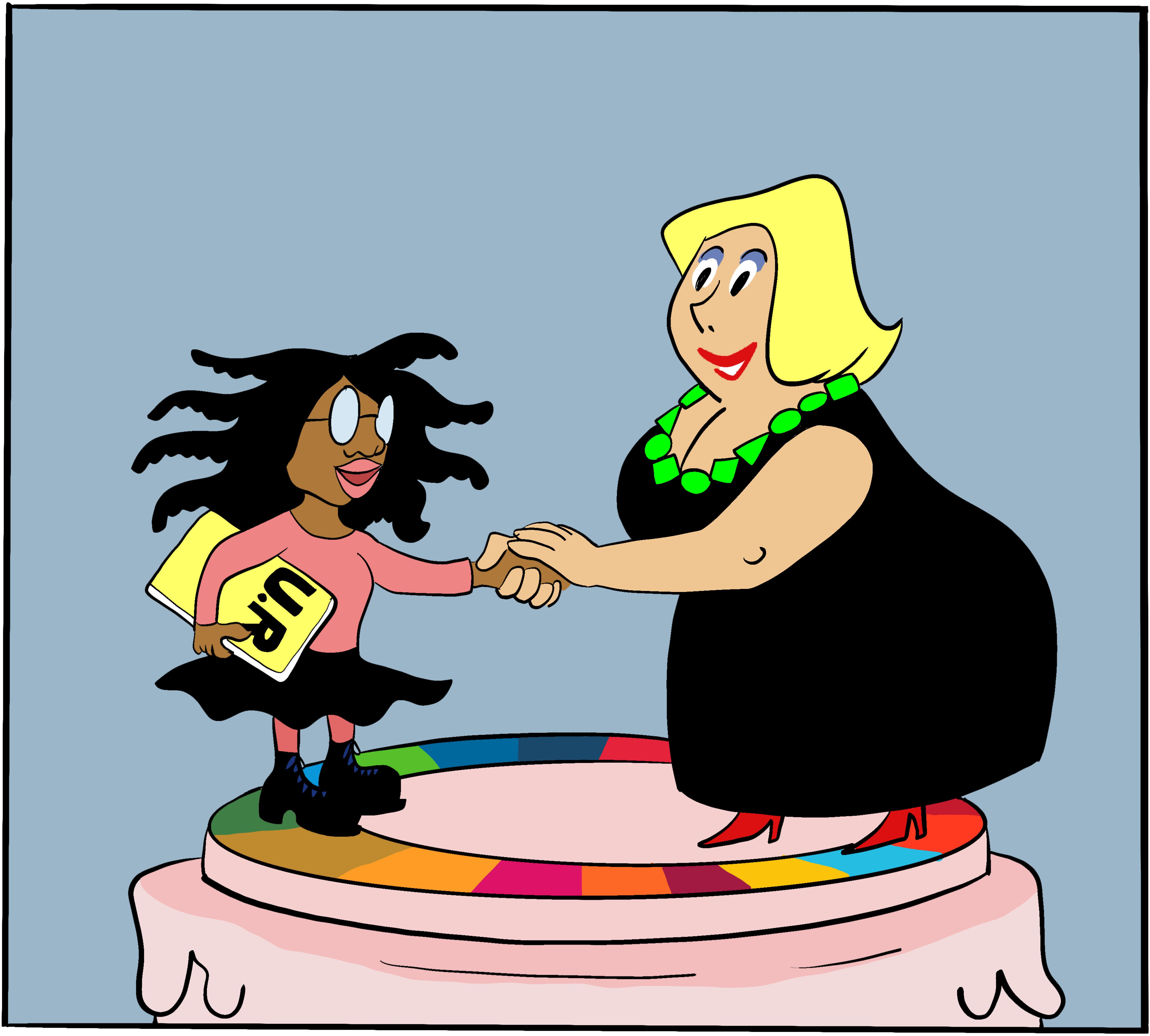 Håndhilsen mellom en ungdomsrådsleder og kvinnelig ordfører stående på en kake med FNs bærekraftsmålsirkelen som teppe.