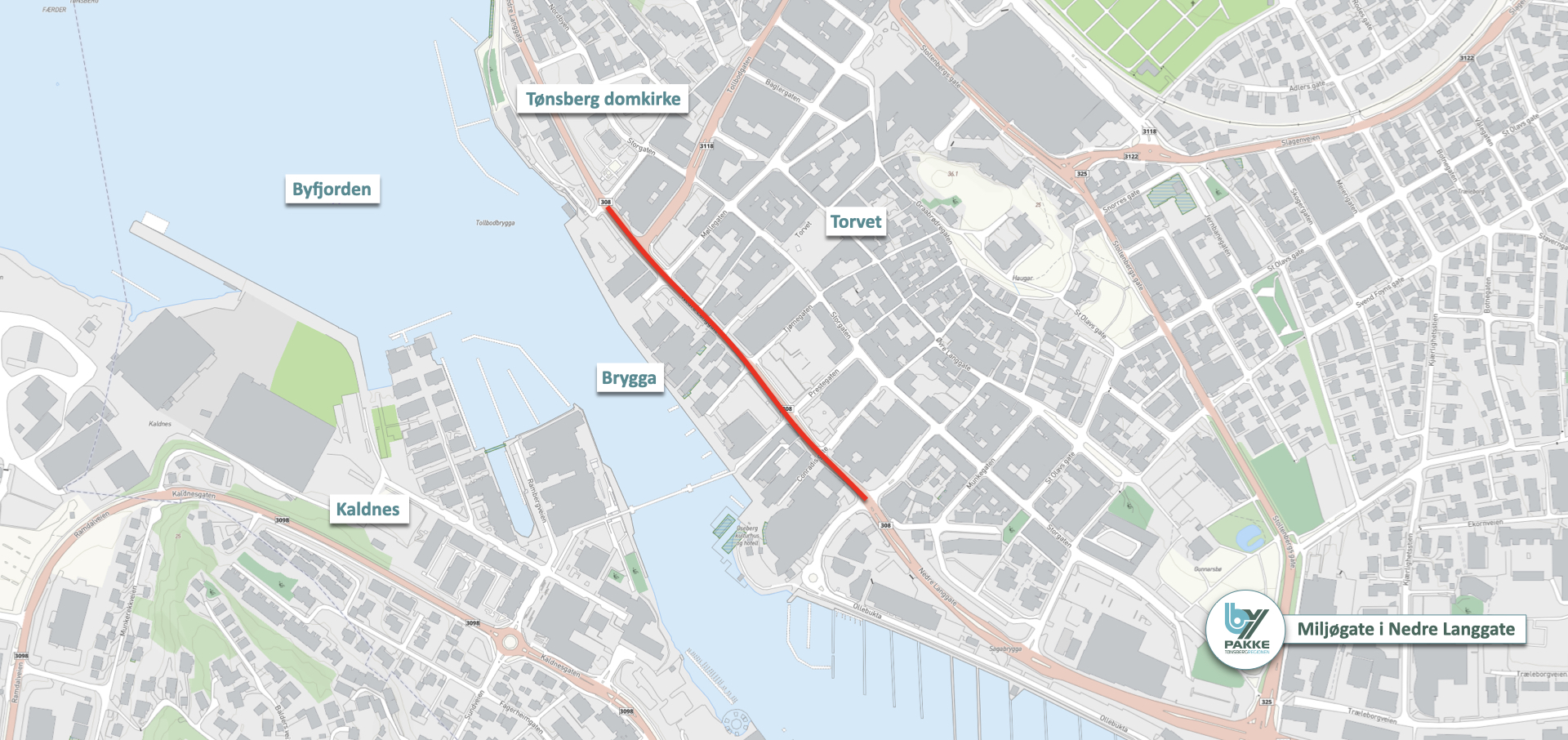 Kart med miljøgateprosjektet i Nedre Langgate er tegnet inn med rød strek